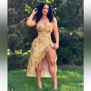Fashion Nova Gold Floral Lace High-Low Midi Dress